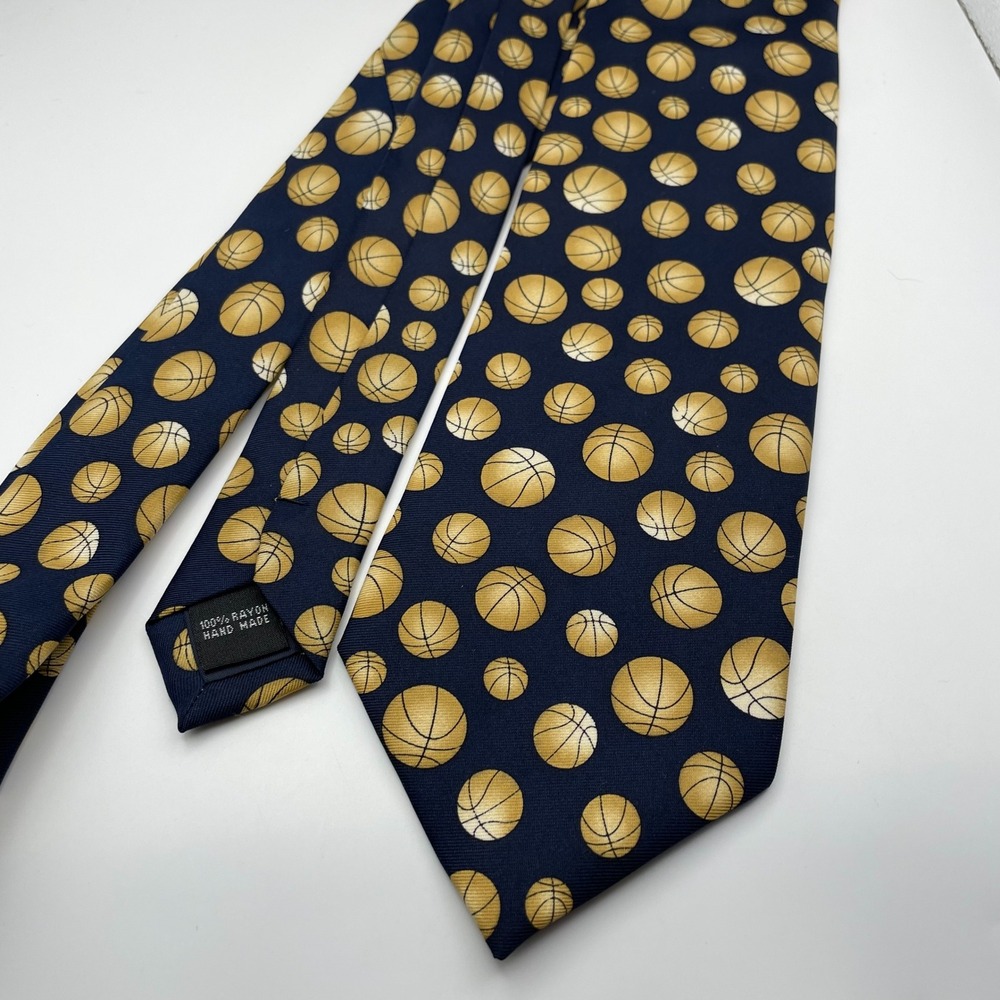 Utopia Mens Basketball Print Silk Like Rayon Necktie Navy Blue Hand Made Sporty
